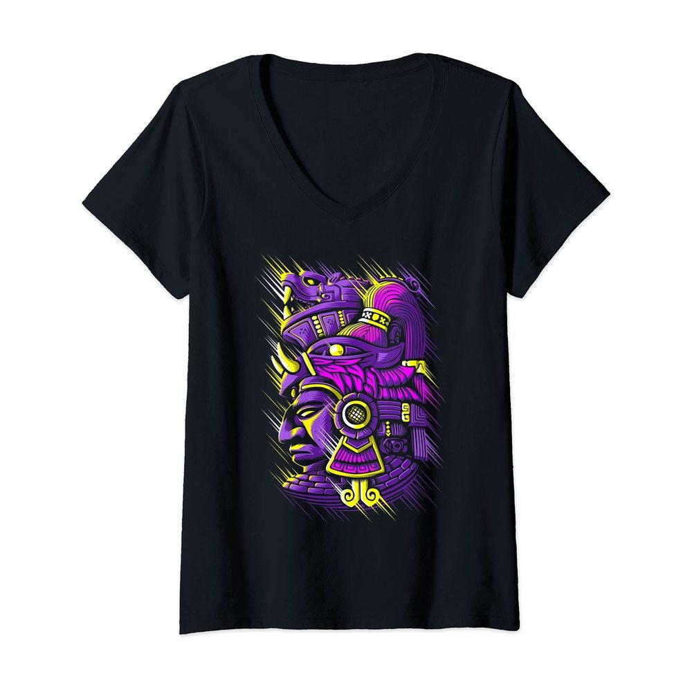 Womens Psychedelic Maya native Aztec V-Neck T-Shirt